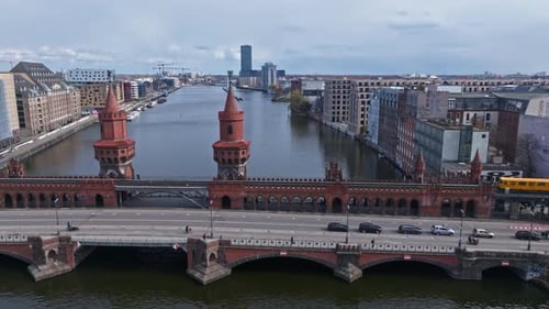 Aerial view of train crossing The Oberbaum Bridge , Berlin , Germany