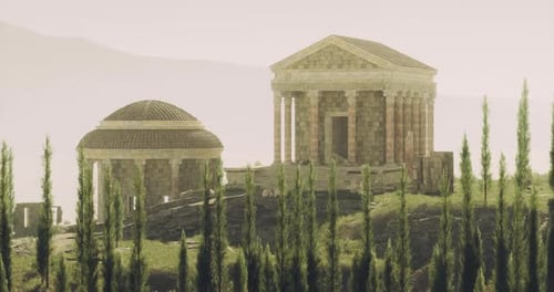 Historic Temple Structures Nestled on a Hillside During Golden Hour