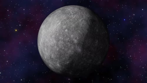 Planet Mercury view from outer space and twinkling stars in the Milky Way galaxy 3d render. Solar