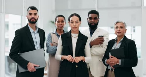 Corporate, business people and face with management, teamwork and diversity in office