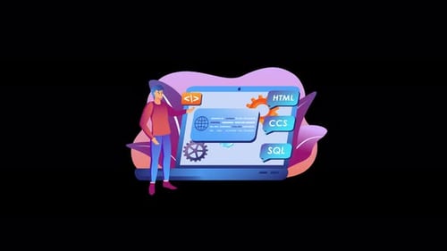 Illustration of a programmer with coding tools on a computer screen