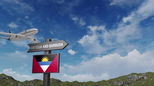 Antigua And Barbuda Flag With Airplane And Arrow Sign