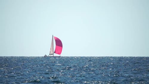Sailing Ship Luxury Yacht with Red Sails in the Sea in the Evening Sunlight