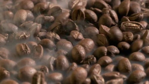 Steaming pile of freshly roasted coffee beans