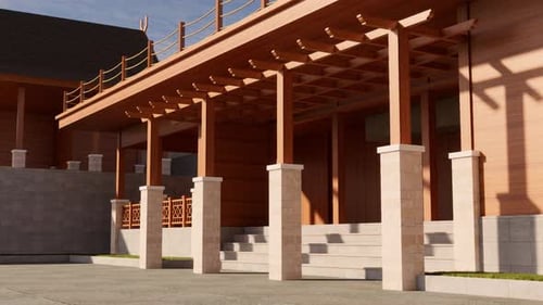 Precioso edificio con pérgola de madera y columnas de piedra.