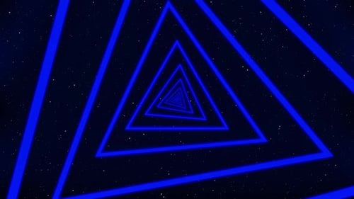 Endless neon glowing futuristic blue triangle tunnel against a starry sky leading into the space