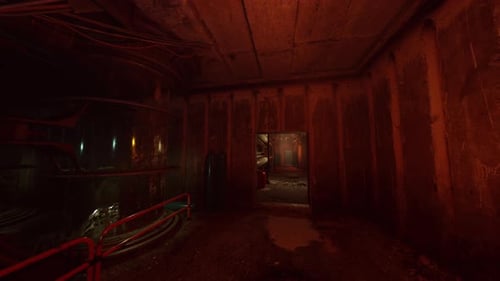 Corroded Control Area with Rusty Surfaces and Faint Red Lighting