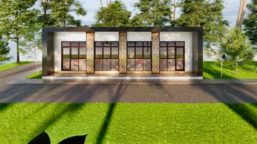 Modern building exterior with sleek design and beautiful landscaping, perfect for ads