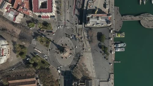 Top Down Panning Footage of Famous Columbus Monument and Multilane Road Along Waterfront
