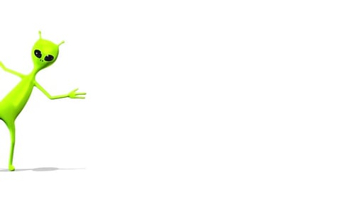 Green Alien Character Waving and Peeking in 3D Animation