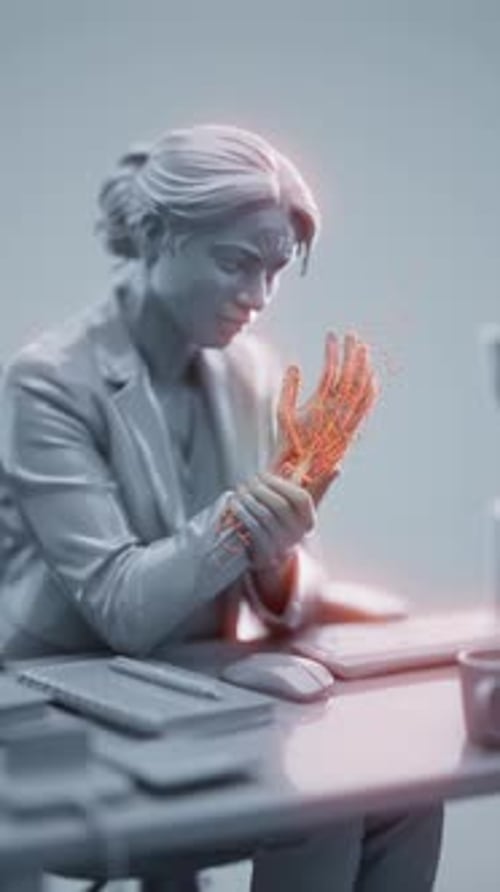 Conceptual 3D animation of an office woman suffering from wrist pain