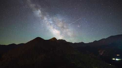 Time Lapse Milky way galaxy core rising over Mountain peaks clear sky summer