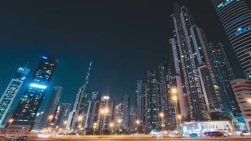 Night Cityscape: Skyscrapers and Traffic in Urban Setting