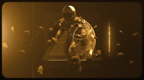 Animated Astronaut Walking Through Asteroid Field with Geometric Grid and Planet