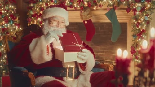 Santa Claus Opening a Magical Christmas Gift