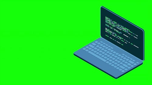 Isometrische Laptop-Animation. Isometrischer 3D-Laptop-Computer. Abstrakte Programmiersprache und Programm