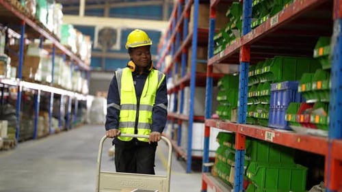 Warehouse Industrial and Logistics Companies. Dispatcher in uniform making inventory in storehouse.