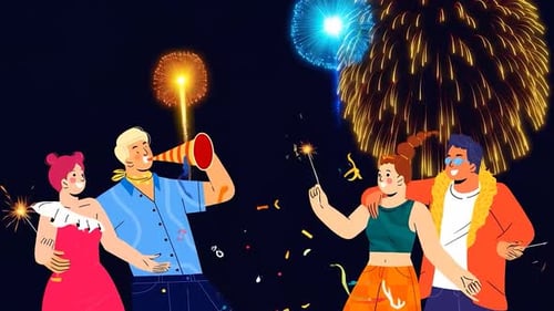 People Celebrating New Year's Eve with Sparklers and Fireworks