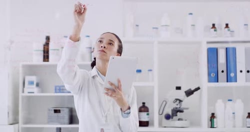 Glass wall, writing and woman scientist in laboratory, tablet and online research for medical study