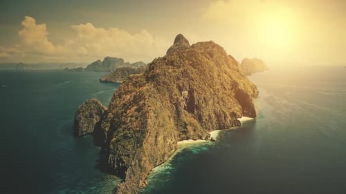 Sunset at Tropical Island at Blue Ocean Bay Sun Shine Aerial View Nobody Wild Nature Scenery