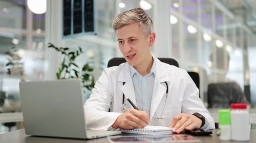 Der Arzt führt eine medizinische Online-Beratung durch und macht sich Notizen im modernen Klinikbüro
