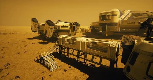 Mars Colony Habitat with Vehicles and Structures on the Martian Surface