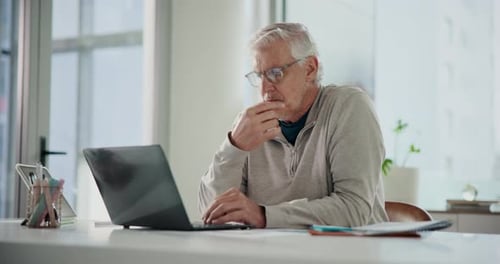 Laptop, reading and thinking with business man at desk in office for planning, report or research