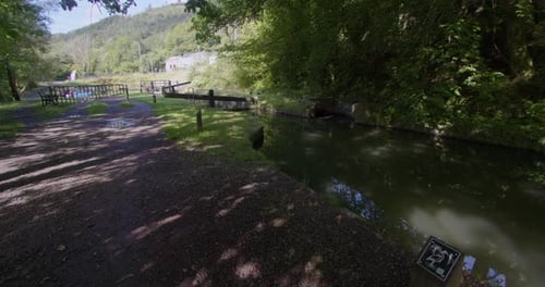 Extra wide shot looking down to the resolven basin and locks on the neath canal