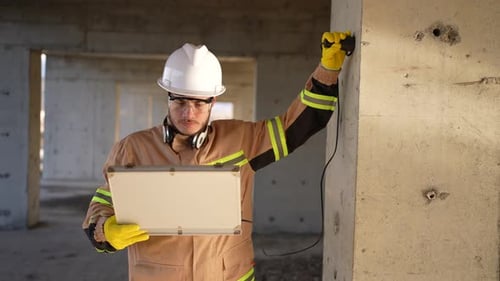 a Worker Engineer in a White Helmet and Uniform Inspects the Quality Scanning of Concrete By