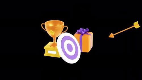 Target 3d animation with an arrow hit the center. Trophy cup and gift box. Alpha channel