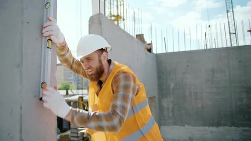 Construction Worker Using Level at Urban Construction Site