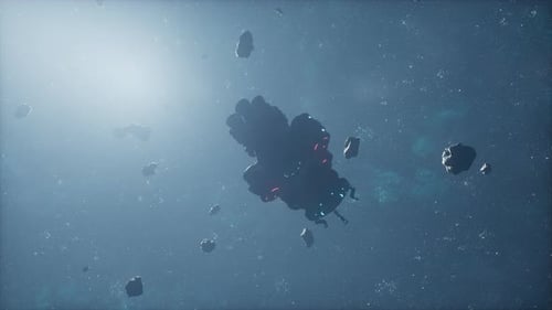 Futuristic Spaceship Flying Through Asteroid Field in Space