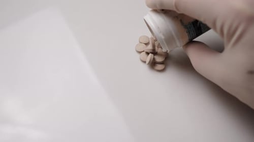 Painkiller Pills Pouring Out of a Bottle on a White Table
