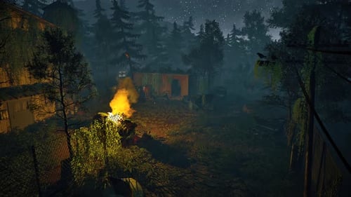 An abandoned camp in a dark forest, lit by moonlight and firelight.