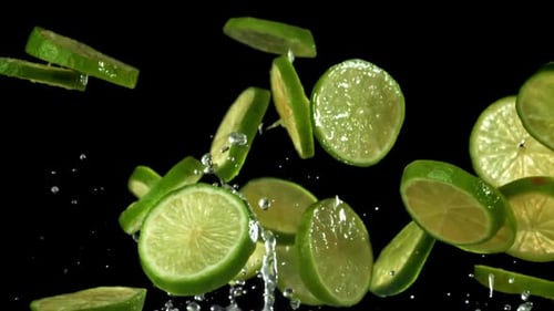 Lime Slices Floating on Black Background