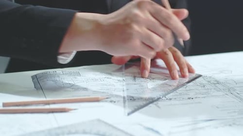 Arquitecto e ingeniero exitoso que utiliza una regla que trabaja correctamente en el diseño de construcción en Bluepri