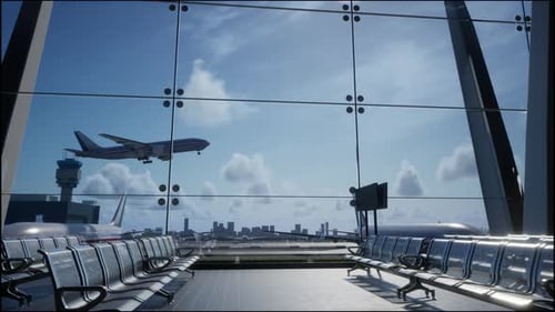 Empty Waiting Room In Airport Terminal. Airplane Takes Off Outside The Window