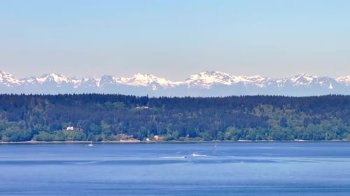 Puget Sound With Olympic Mountain Range In The Background In Western Washington, United States. Wide