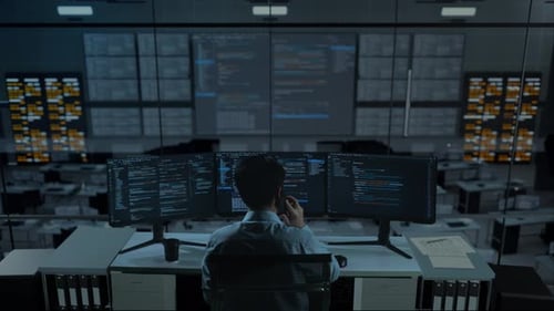 Asian Man Talking On Mobile Phone While Write Code With Multiple Computer Screens In office