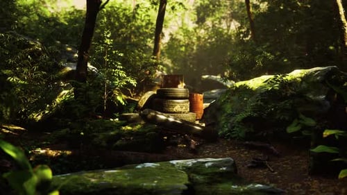 Discarded Car Tires in the Forest