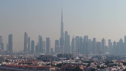 Aerial view of Dubai skyline dominated by Burj Khalifa, UAE