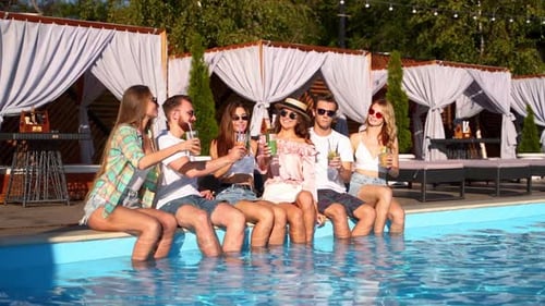 Friends Toasting Drinks Poolside on a Sunny Day