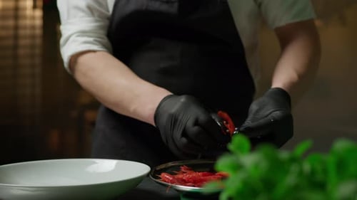 Chef Prepares Fresh Shrimp in Restaurant Kitchen