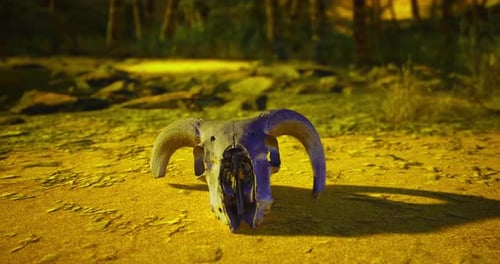 Unique Ram Skull Found on the Sandy Ground During Golden Hour Exploration