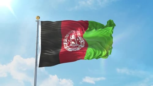 Realistic Waving Flag of Afghanistan on Pole with Blue Sky Background