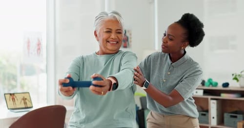 Weight, physiotherapy and elderly woman in clinic for consultation with muscle recovery