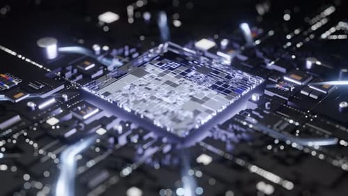 Futuristic Digital Circuit Board with Glowing CPU Data Animation