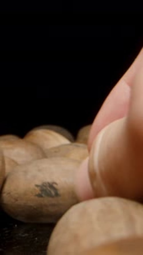 Vertical video. Men's Hands Sorting Pecan Nuts in Shells, Macro Dolly on a Black Background.