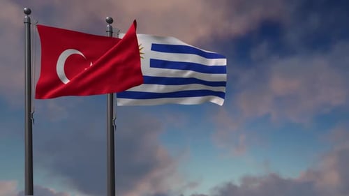Waving Flags of Turkey and Uruguay Against a Cloudy Sky