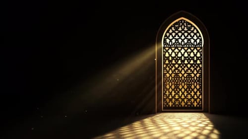 Fondo islámico del Ramadán, luz radiante que emana de un arco islámico